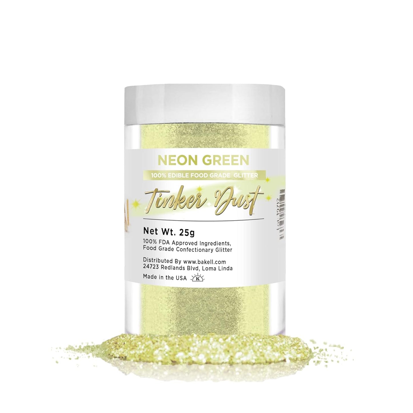 BAKELL Neon Green Edible Glitter, 25 Grams | TINKER DUST Edible Glitter | KOSHER Certified | 100% Edible Glitter | Cakes, Cupcakes, Cake Pops, Drinks, Dessert Vegan Glitter & Dusts (25g, Neon Green)