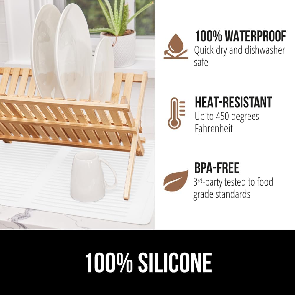 GORILLA GRIP 100% BPA-Free Patented Silicone Dish Drying Mat for Kitchen Counter, Water Catching Ribbed Design, Easy Clean Waterproof Sink Liner, Heat Resistant, Fits Under Rack, 13x11 Inch, White