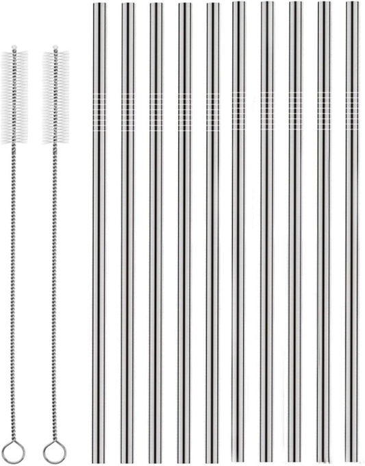 Set of 10 Stainless Steel Straws, HuaQi Straight Reusable Drinking Straws 10.5'' Long 0.24‘’ Dia for 30 oz Tumbler and 20 oz Tumbler, 2 Cleaning Brush Included (10 Straight Straw + 2 Brushes）