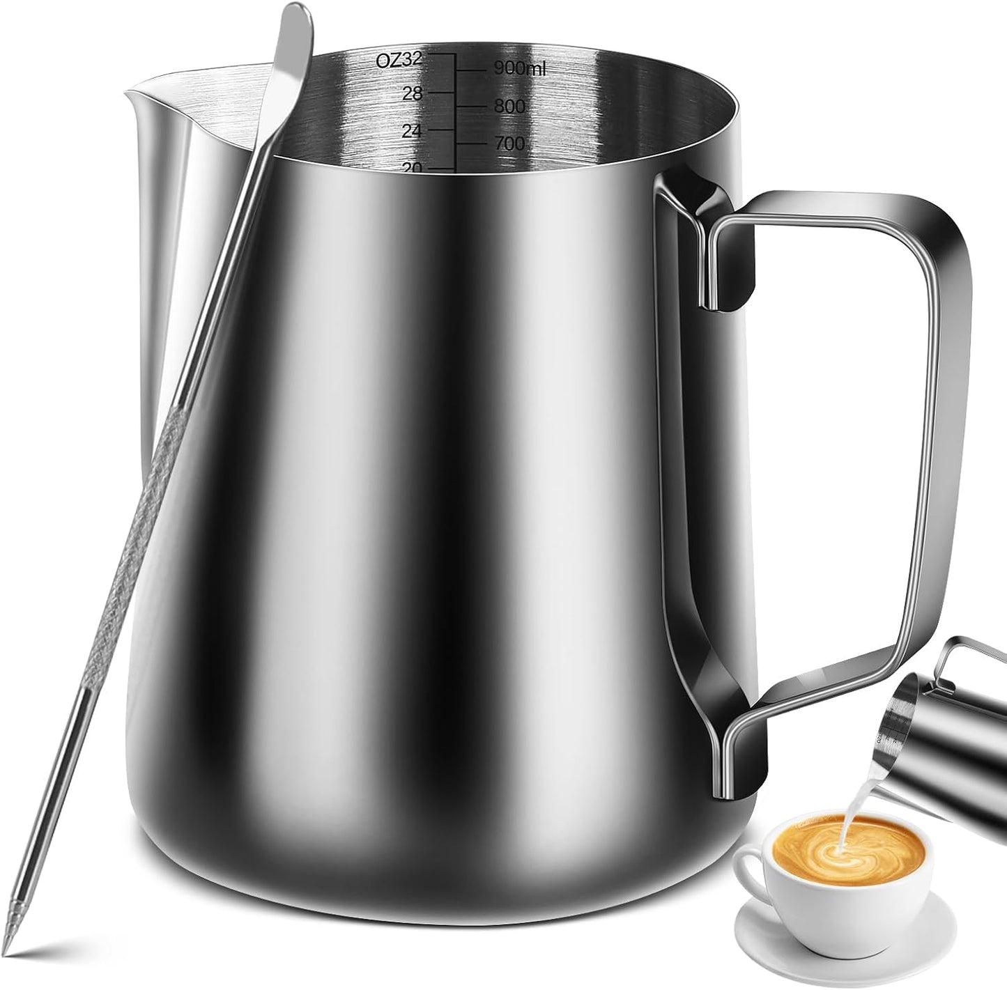 Espresso Milk Frothing Pitcher, Stainless Steel 300Z/900ML Coffee Milk Frother Cup with Decorating Art Pen for Espresso Machine, Latte Art