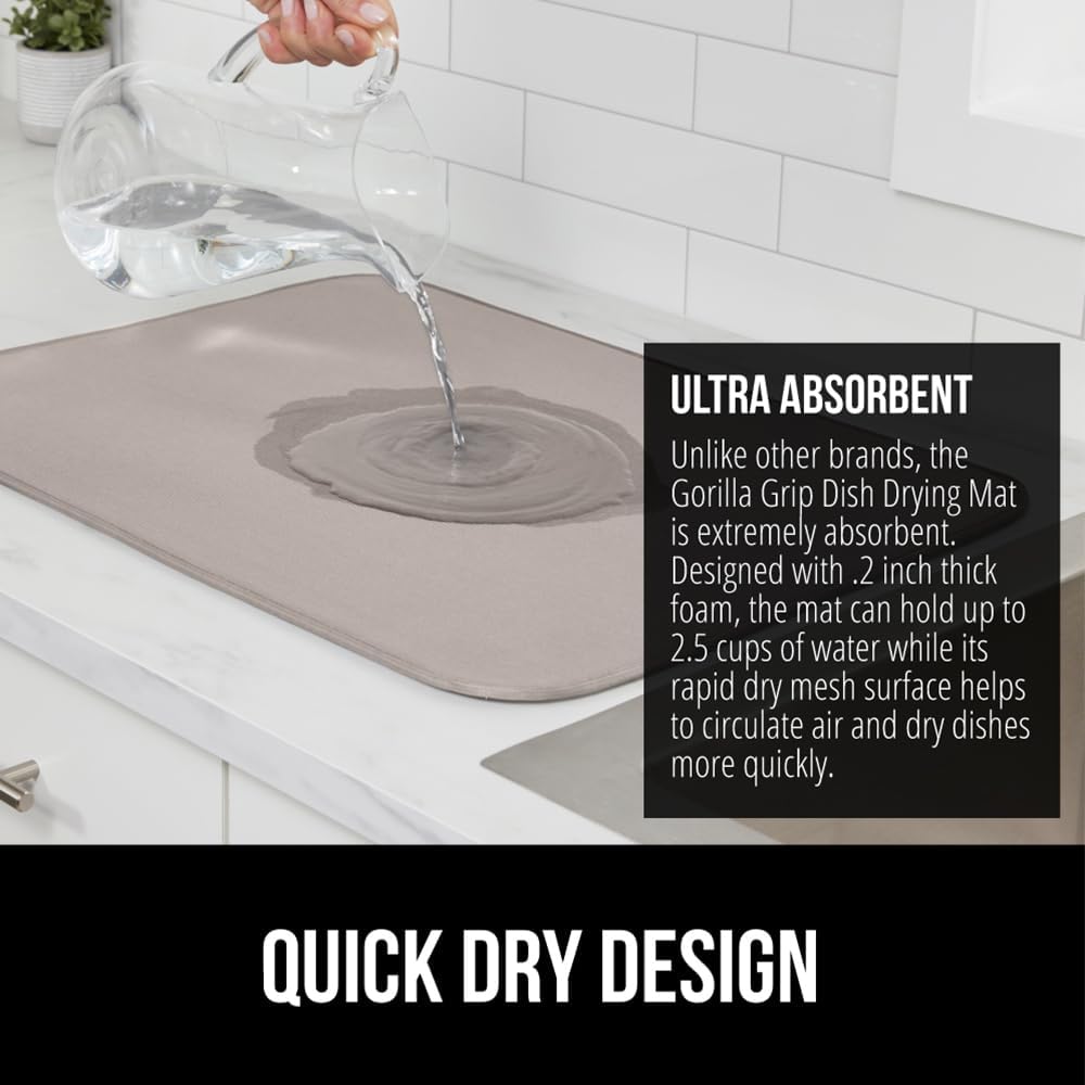 GORILLA GRIP Ultra Water Absorbent Microfiber Dish Drying Mat, Quick Dry Thick Mesh, Slip Resistant Pad for Sink Dishes or Under Rack, Kitchen Counter Accessories, 16x18, Machine Wash Mats, Almond