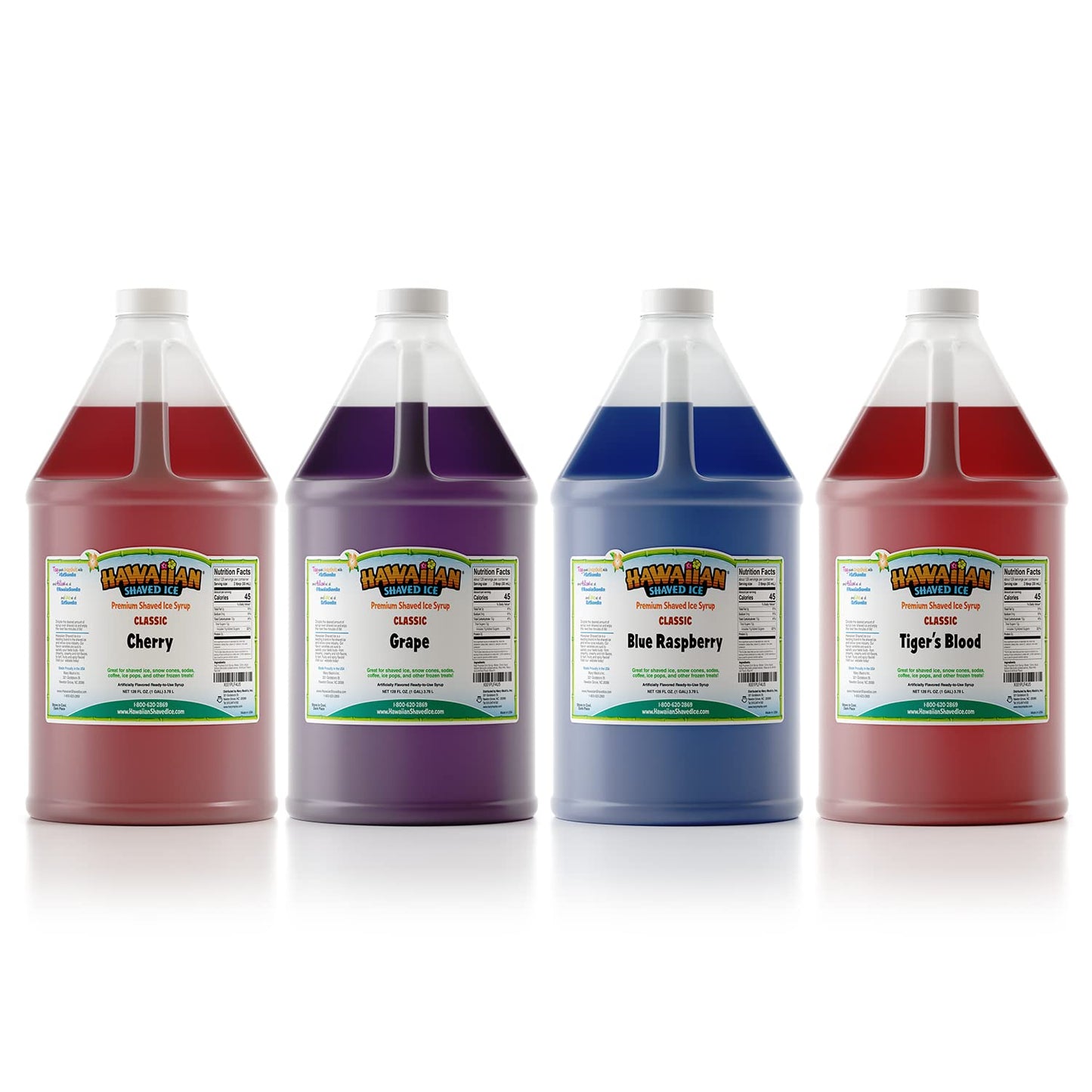 Hawaiian Shaved Ice Syrup Gallon 4-pack, Cherry, Grape, Blue Raspberry & Tiger’s Blood, for Slushies, Italian Soda, Seltzers, Popsicles, & More, No Refrigeration Needed, Allergy-friendly