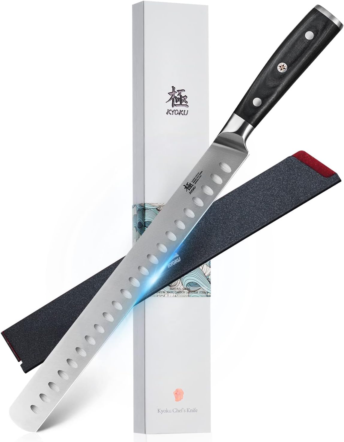 KYOKU 12" Slicing Knife, Samurai Series Brisket Knife for Meat Cutting with Pakkawood Handle, Japanese High Carbon Steel Meat Carving Knife for BBQ Brisket Turkey Ham Rib Roast Beef with Sheath & Case