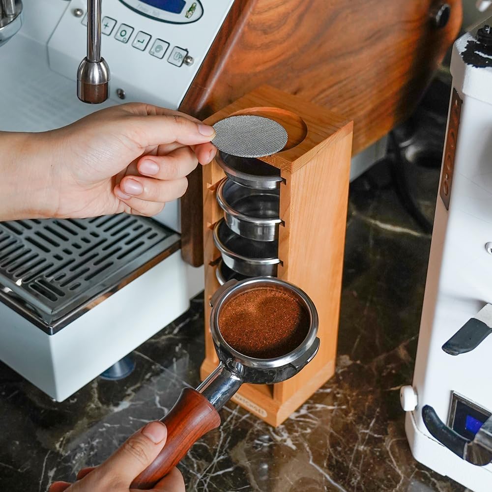 watchget Espresso Filter Basket Stand Portafilter Filter Basket Holder Rack Wooden Espresso Portafilter Precision Basket Storage Stand for 58mm Espresso Machines and Coffee Puck Screen (Cherry Wood)