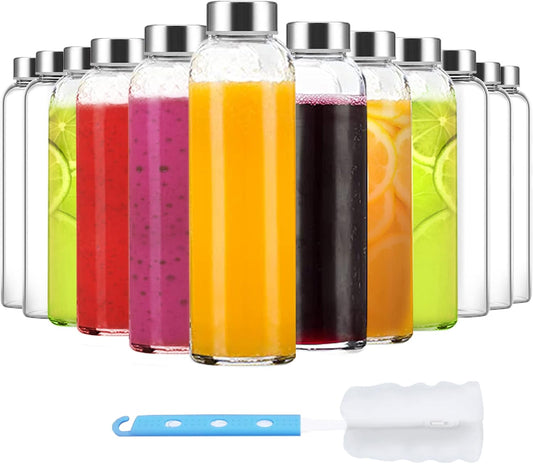 Clear Glass Bottles with Lids 18 oz, Reusable Glass Water Bottles with Stainless Steel Cap for Juicing,Refrigerator,100% Leak Proof, BPA Free, Juice Water Bottle Set of 12