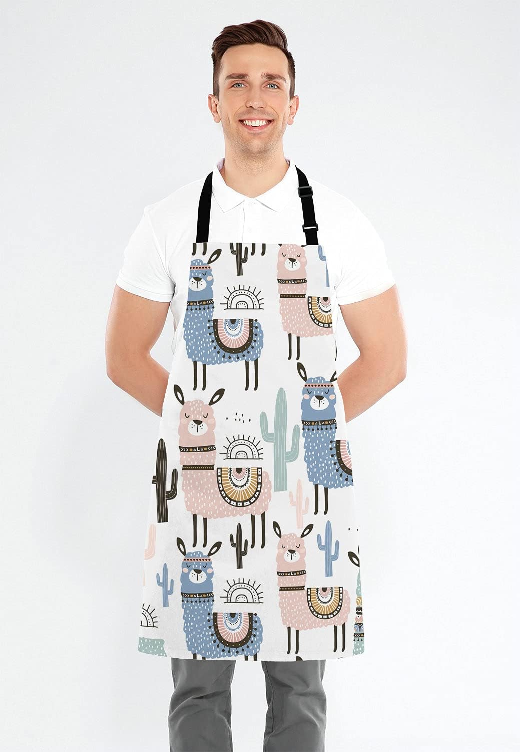 llama Kitchen Cooking BBQ Chef Apron, Cute Animal Alpaca with Cactus Apron for Men, Women - Dad Gifts, Gifts for Men - Birthday, Mothers Day Gifts for Mom, Wife, Husband, Brother, Friends