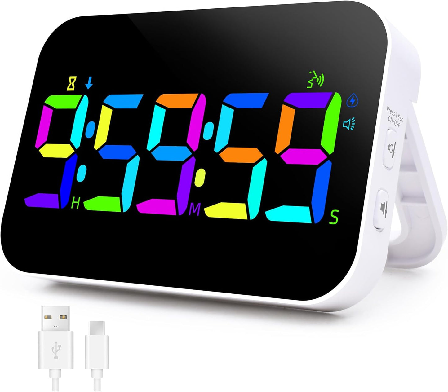 Kitchen Timer for Cooking, 10 RGB Color Rechargeable Digital Magnetic KidsTimer with Voice Reminder, Countdown/Up, 5”LED Display 3 Brightness 4 Volume Adjustable for Kids Classroom Home Gym-RGB