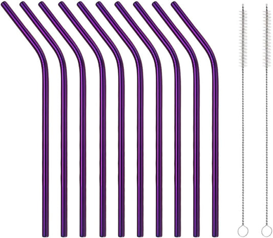 10 Pcs Stainless Steel Straws, Reusable Drinking Straws, Bent Metal Straw Sets with 2 Pcs Cleaning Brushes (Purple, 10.5 Inch)