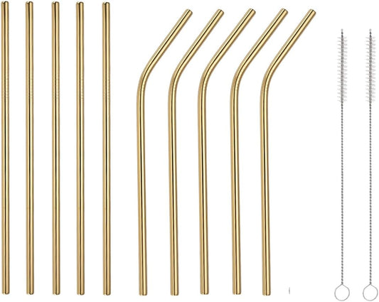 10 Pcs Stainless Steel Straws, Reusable Drinking Straws, 5 Straight + 5 Bent Metal Straws Set With 2 Pcs Cleaning Brushes (Gold, 10.5 Inch)