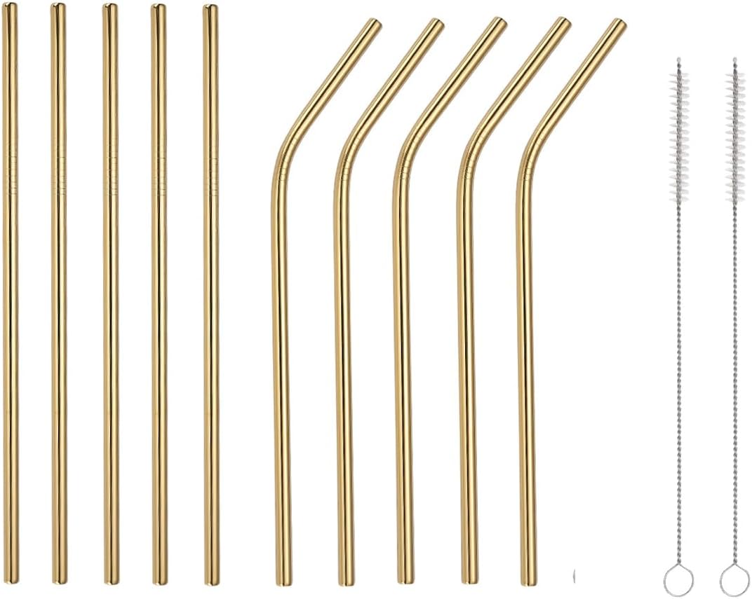 10 Pcs Stainless Steel Straws, Reusable Drinking Straws, 5 Straight + 5 Bent Metal Straws Set With 2 Pcs Cleaning Brushes (Gold, 8.5 Inch)