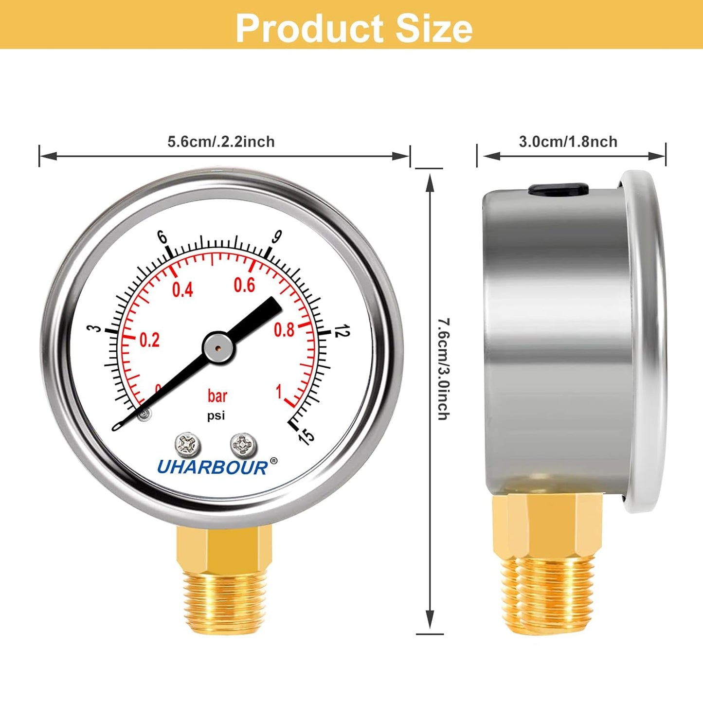 Lead-Free Water Pressure Gauge Liquid Filled 0-15Psi 2" Dial, Stainless Steel Case, 1/4" NPT Lower Mount, Water Pressure Gauge for Home