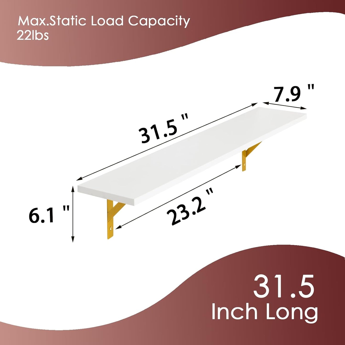 DINZI LVJ Long Wall Shelves, Set of 4, 31.5Inch Wall Mounted Shelves, Floating Shelves for Wall Storage with Metal Brackets, for Living Room, Bathroom, Bedroom, Kitchen, White and Gold