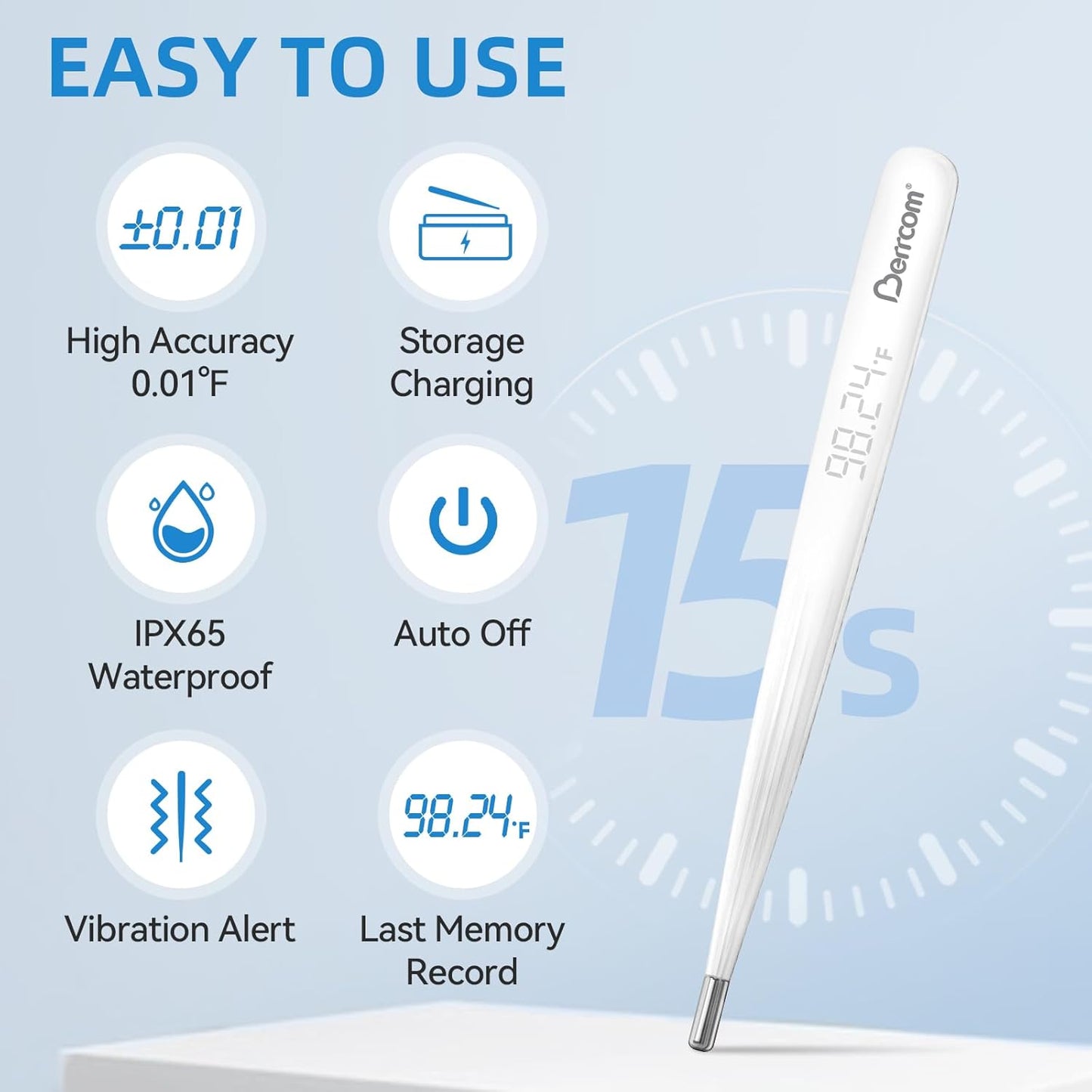 Berrcom Rechargeable Digital Thermometer for Adults and Kids, Medical-Grade Accurate Thermometers with LED Display, Fever Alarm, Fast Reading, Portable