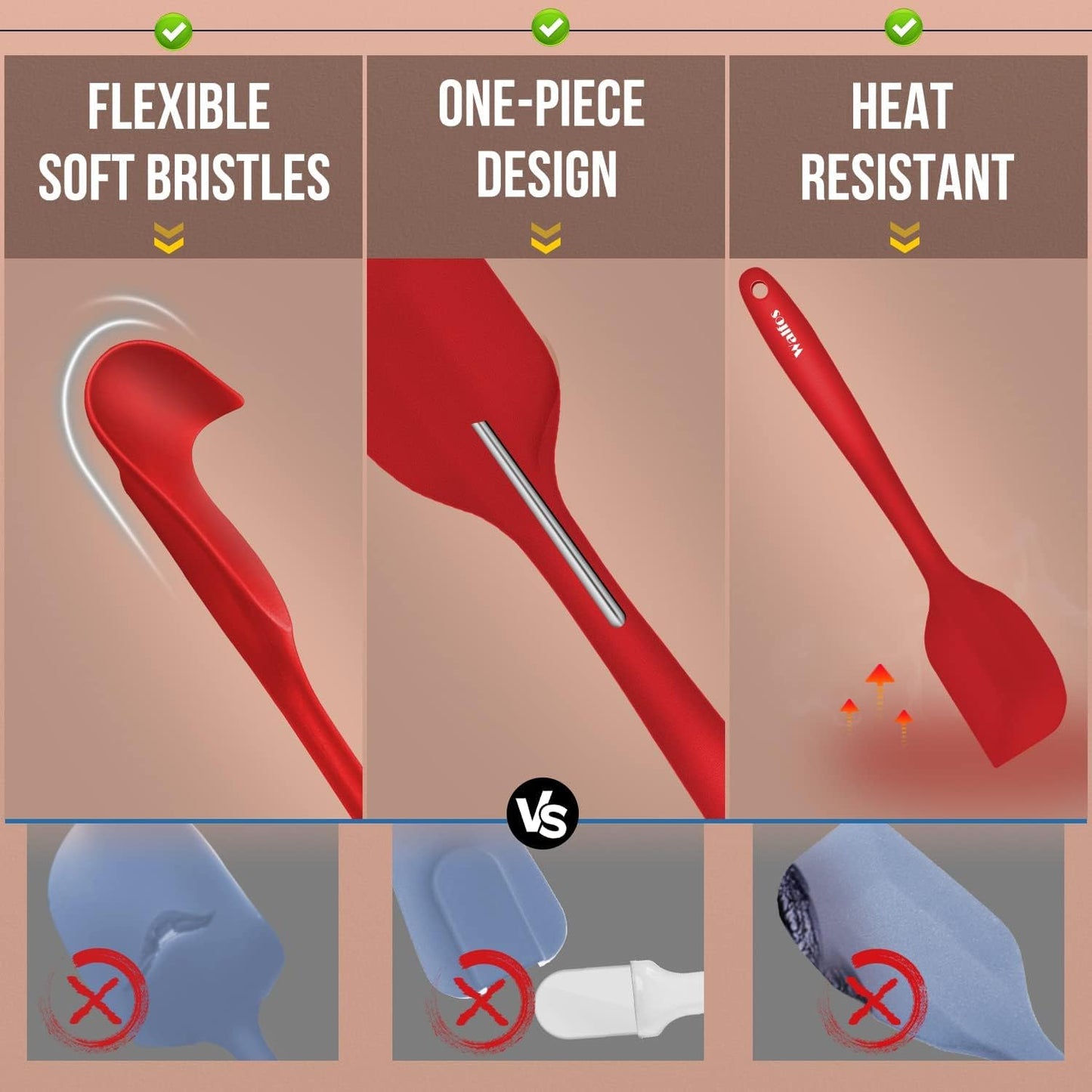 Walfos Silicone Spatula Set of 4(600°F）,Heat Resistant Kitchen Silicone Scraper Spatulas, Strong Steel Core and One-Pieces Seamless Design, For Cooking Mixing & Baking,BPA Free & Dishwasher Safe