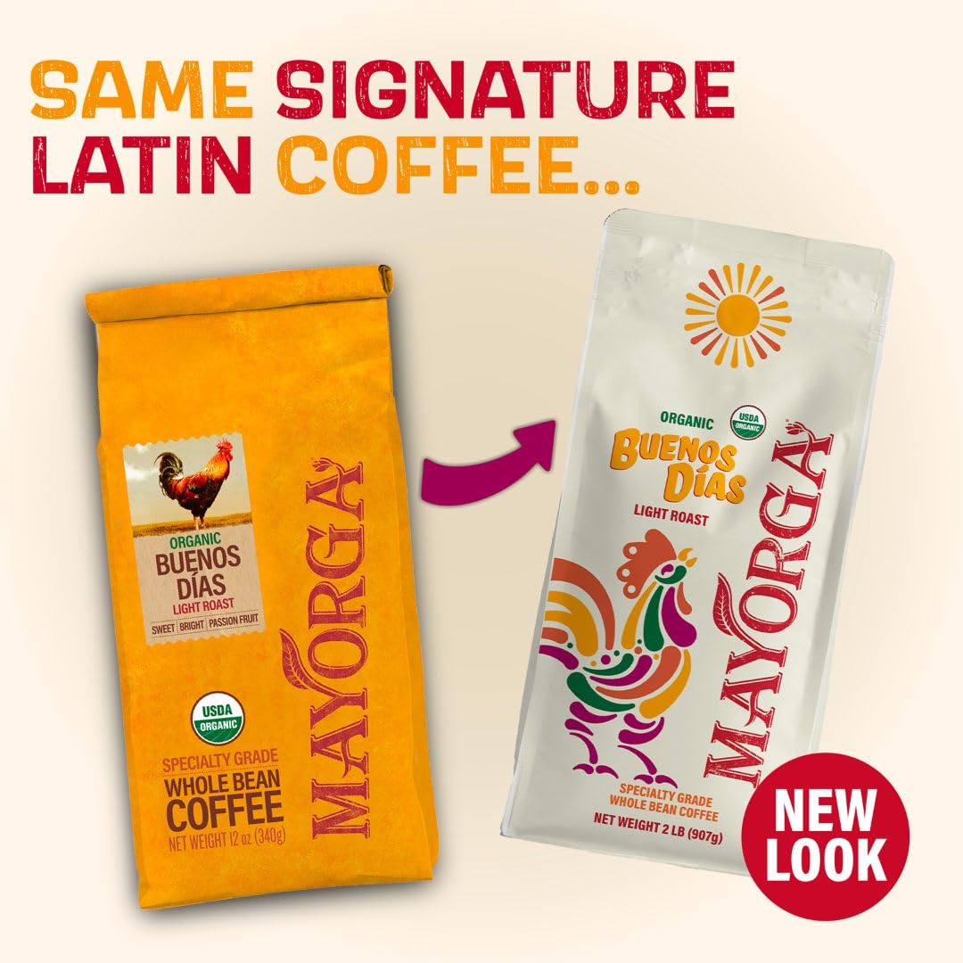 Mayorga Organic Coffee 2lb Buenos Dias - Light Roast Whole Bean Coffee Specialty Grade, 100% Arabica, Slow Roasted, Citrusy and Sweet Flavor with Low Acidity - USDA Organic, Non-GMO, Kosher
