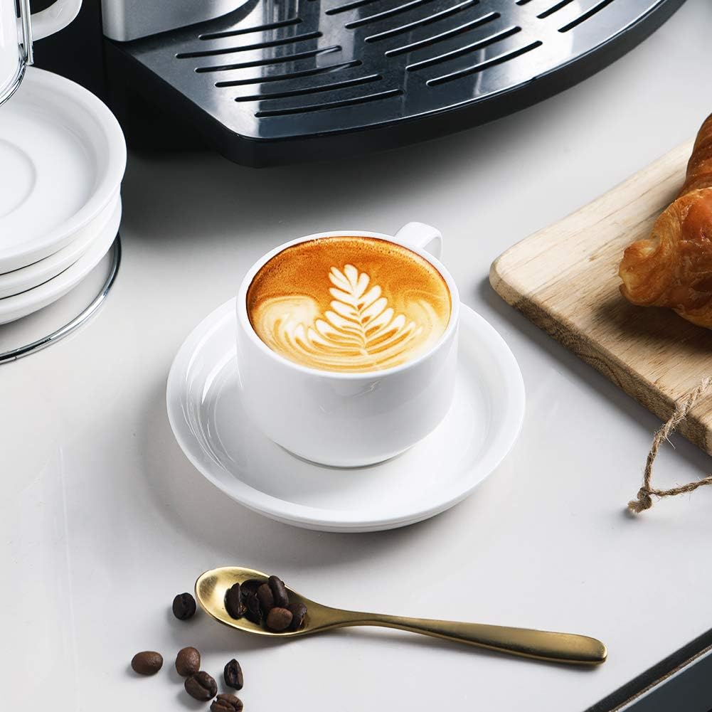 Sweejar Porcelain Espresso Cups with Saucers, 2.5 Ounce Stackable Cappuccino Cups with Metal Stand for Coffee Drinks, Latte, Tea - Set of 4 (White)