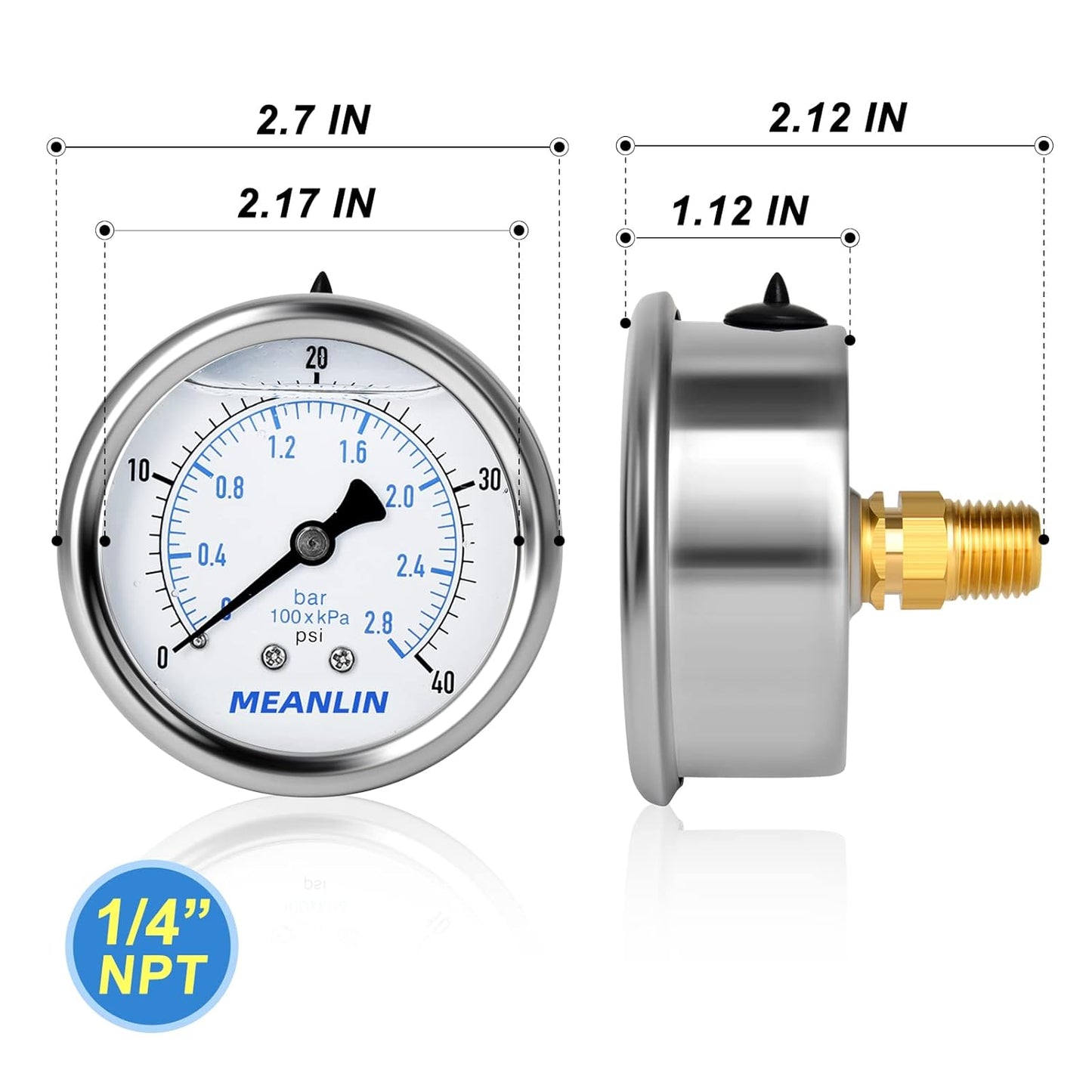 MEANLIN MEASURE 0~40Psi Stainless Steel 1/4" NPT 2.5" FACE DIAL Liquid Filled Pressure Gauge WOG Water Oil Air,Cencter Back Mount, with 1/4" x 1/2" NPT and 1/4" x 3/8" NPT Hex Bushing