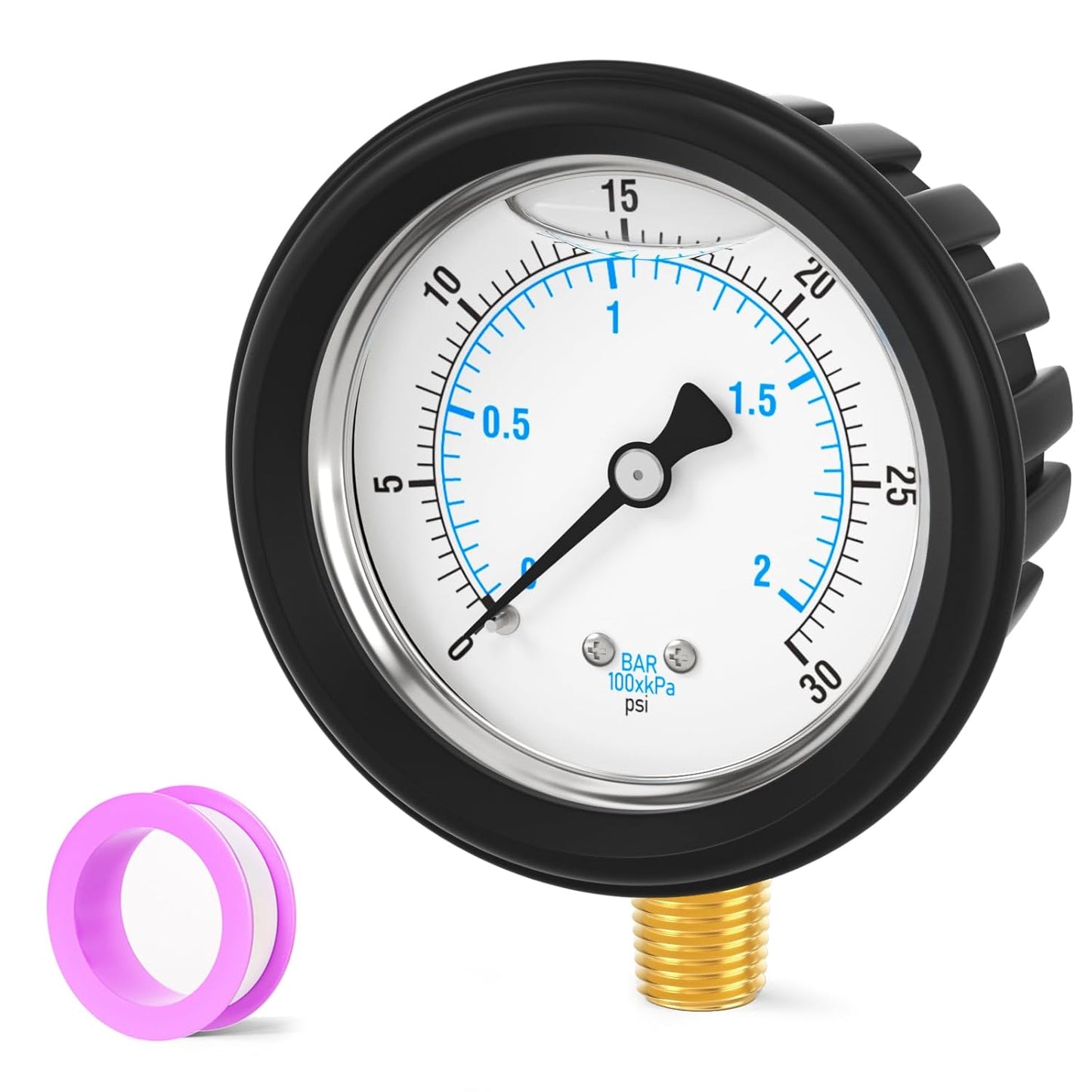 0-30PSI Stainless Steel Liquid Filled Pressure Gauge, 2.5" Dial Size, 1/4" NPT Lower Mount, with Rubber Protective Sleeve, for Tube, Water Pump, Gas, Liquid, Pressure Test