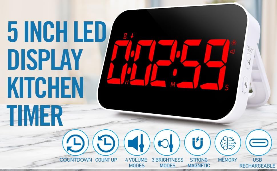 KMMKGGKitchen Timer（1.5" Number） Large Digital Magnetic Timer, Rechargeabilit, Countdown and Countup, 3 Brightness Display, 3 Volume Levels and Vibration Mode, for Cook, Adults Study Teaching(RED)