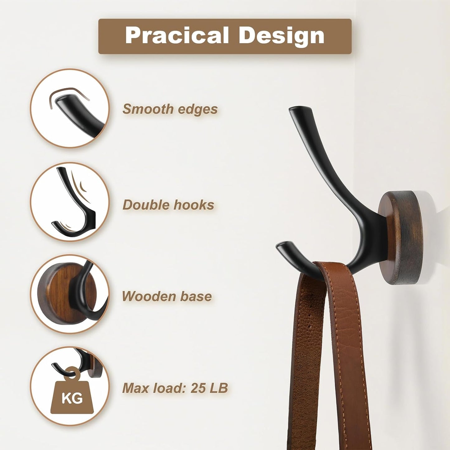 kuaima Coat Hooks Wall Mount, Round Walnut Wood Wall Hanger with Metal Double Hooks, Towel Robe Hooks Heavy Duty, Small, 4 Pcs