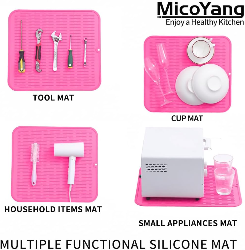 Silicone Dish Drying Mat for Multiple Usage,Easy clean,Eco-friendly,Heat-resistant Silicone Mat for Kitchen Counter or Sink,Refrigerator or Drawer Liner Rose XL 18 inches x 16 inches