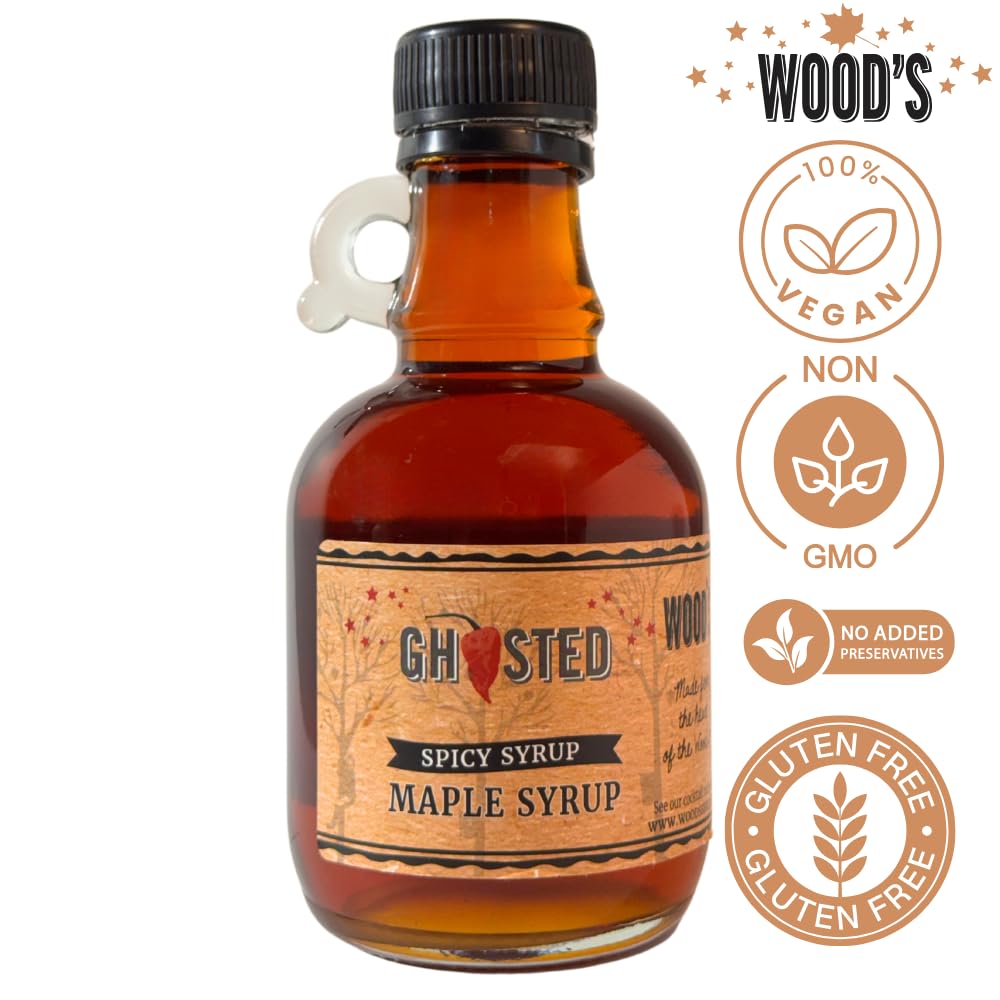WOOD'S “Ghosted” Maple Syrup – Ghost Pepper Infused | Sweet & Spicy Flavor Fusion | Small-Batch Vermont Syrup with Real Ghost Pepper Extract | Vegan, Natural, Eco-Friendly | Great for Cocktails, BBQ, Glazes & More |8.45 Fl Oz (250mL)