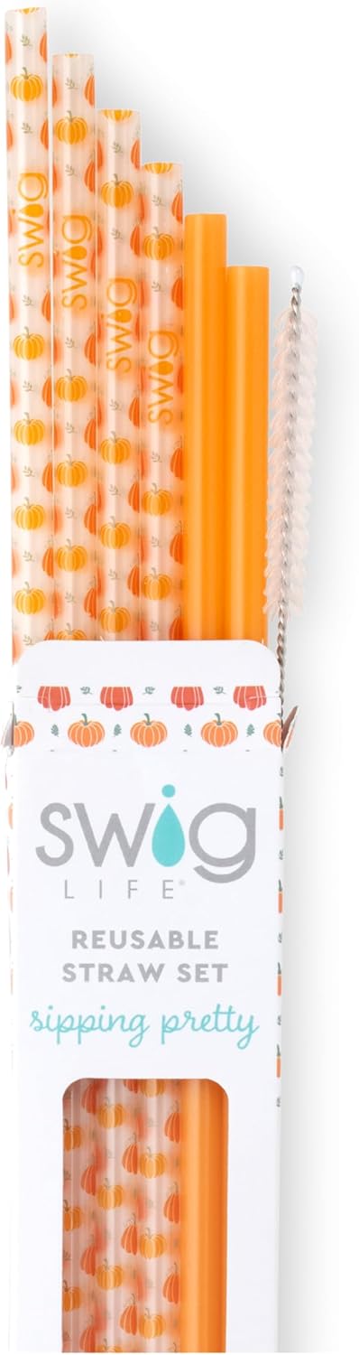 Swig Life Reusable Straws Pumpkins + Orange Tall Straw Set & Cleaning Brush, Each Straw is 10.25 inch Long (Fits Swig Life 20oz Tumblers, 22oz, and 32oz Tumblers)