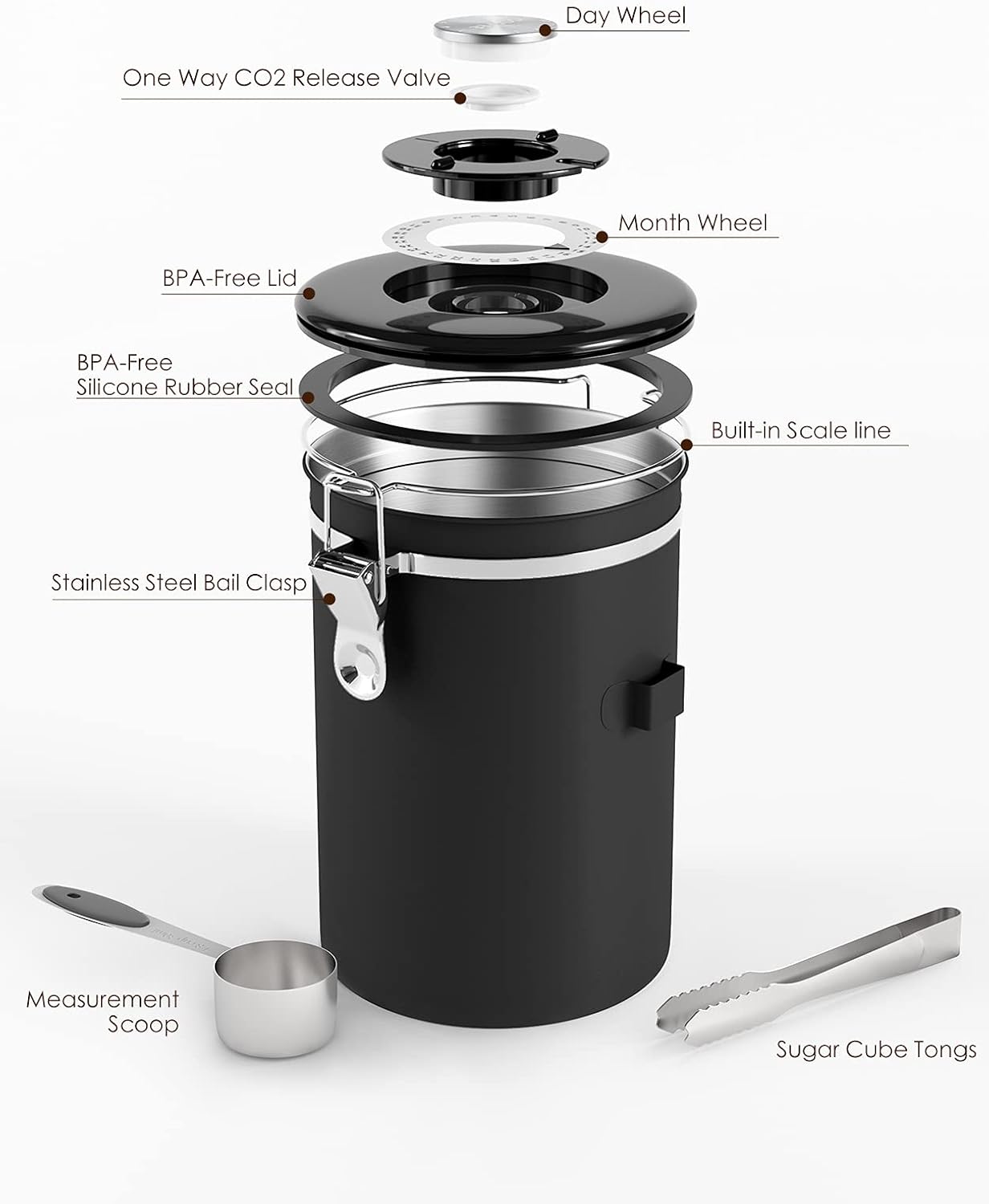 HAIOOU Airtight Coffee Canister, 22OZ +16OZ 2 Piece Stainless Steel Coffee Bean Storage Container with Date Tracker, Measuring Scoop, CO2 Releasing Valves, Mini Tongs for Coffee Bean, Grounds - Black
