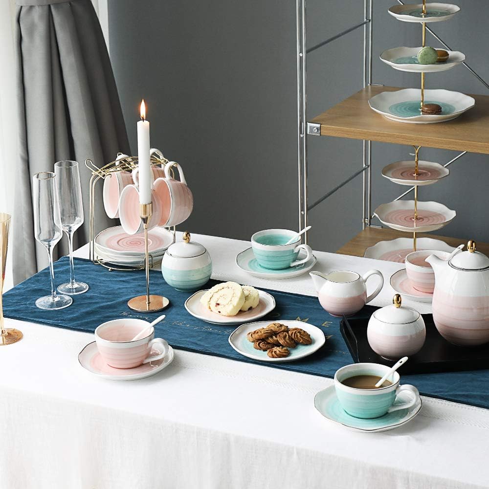 Sweejar 3 Tier Ceramic Cake Stand,Dessert Stand,Cupcake Stand,Tea Party Pastry Serving Platter,Food Display Stand for Tea/Coffee/Birthday/Wedding/Women/Afternoon/Gift - Pink