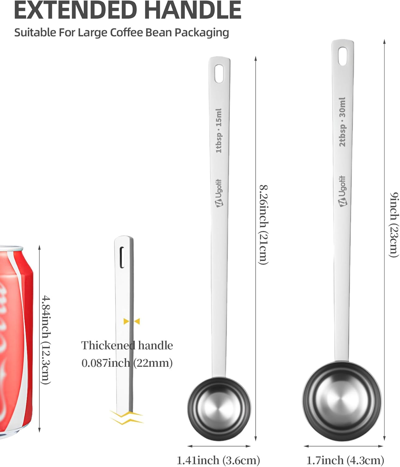 304 Stainless Steel Coffee Scoop 1 Tablespoon, Long Handle Measuring Scoop for Deep Jars, Dishwasher Safe, Engraved TBSP/ML Markings