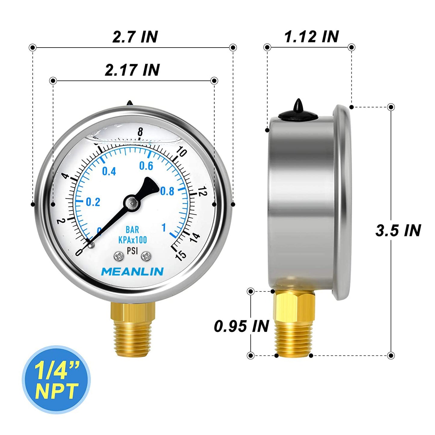 MEANLIN MEASURE 0~15Psi Stainless Steel 1/4" NPT 2.5" FACE DIAL Liquid Filled Pressure Gauge WOG Water Oil Air Lower Mount (Pack of 2), with 1/2" NPT and 3/8" NPT Hex Bushing
