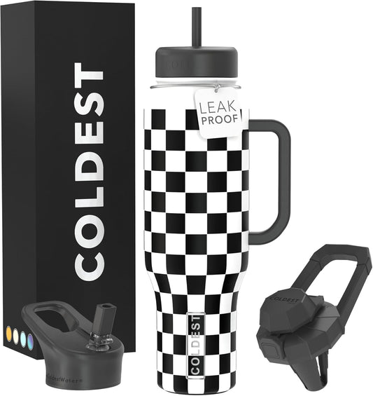 Coldest 40 oz Tumbler with Handle and Straw, 100% Leak Proof Insulated Tumbler with Lid and Straw (3 Lids), Stainless Steel Tumblers for Women & Men, Cup Holder Friendly, 46 oz (Black Checkers)