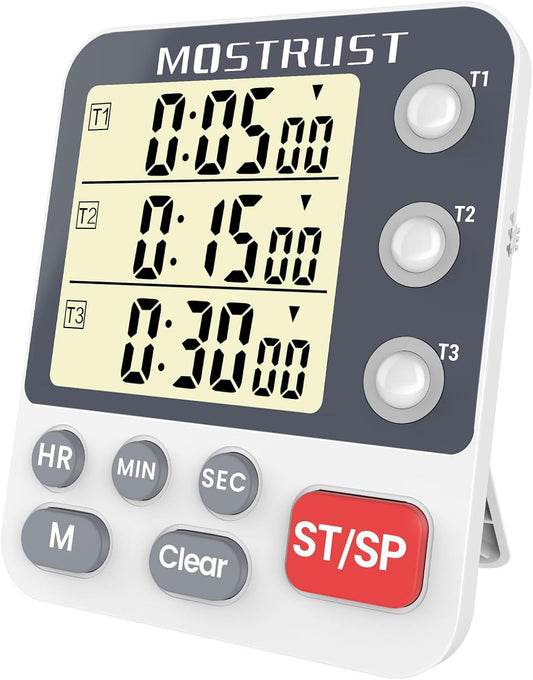 Digital Dual Kitchen Timer, 3 Channels Countdown Triple Timer for Cooking, Magnetic Memory-Preset Large Display Adjustable Alarm Volume, Multi Times Management, 3A Battery Included, White