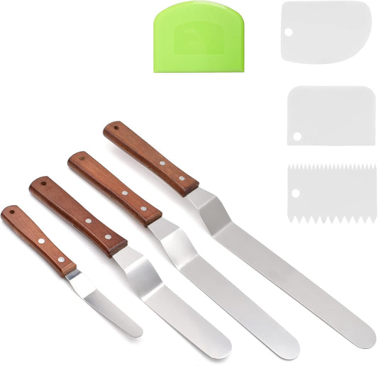 Angled Cake Icing Spatula Set with Dough Scraper and Cake Scraper Set for Cake Decorating, Professional Offset Frosting Spatula (4” 6" 8" 10" Blade) with Hangable Wooden Handle