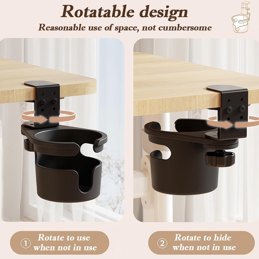 Desk Cup Holder 360° Rotating Under Table, Anti-Spill Cup Holder with Adjustable Clip, Hidden Water Bottle Stand Coffee Mug Storage for Home Office and School (Black)