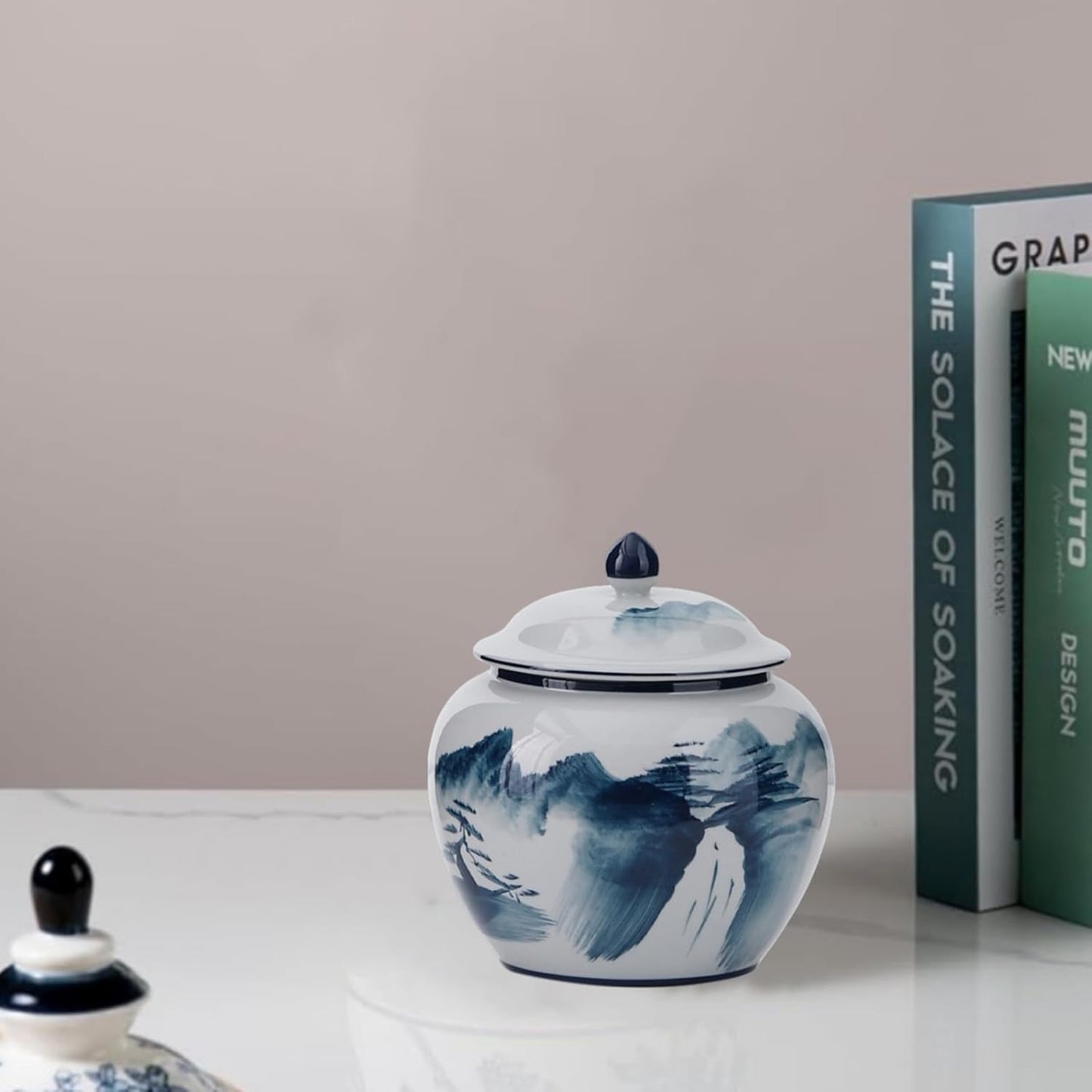 5 inches Ginger jar Lid- blue mountain decorative Ceramic Ginger jar vase with Lid， chinoiserie gift small jars for Home decor/jewelry/Tea/coffee beans/Storage