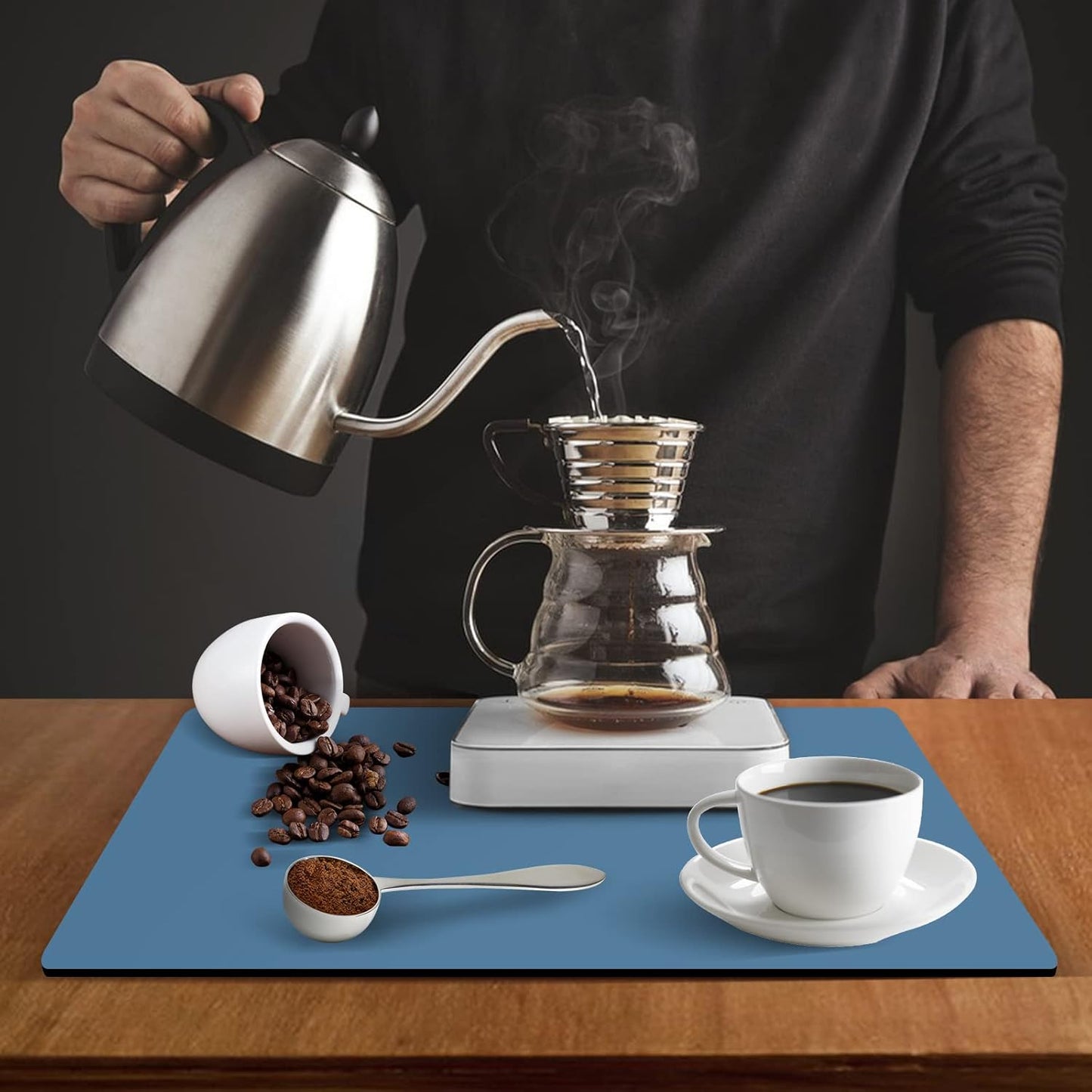 ZLR Coffee Mat - 12" x 20" Middle Kitchen Hide Stain Absorbent Dish Drying Mat for Countertop - Easy to Clean Coffee Bar Mat for Espresso Machine and Spill Protection - Navy Blue