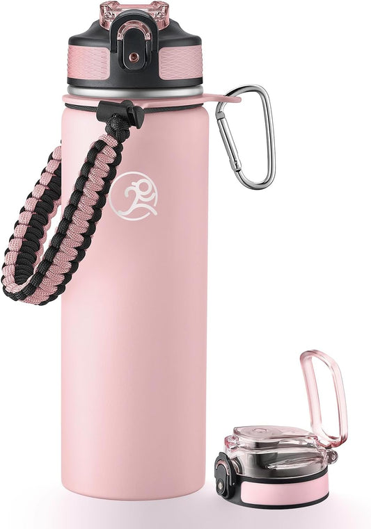 GOSWAG Insulated Sports Water Bottle, 24oz 2 Lids(with Straw/No Straw), Stainless Steel Water Bottles with Paracord Handle, Insulated Bottle with Double-Wall Vacuum Insulation