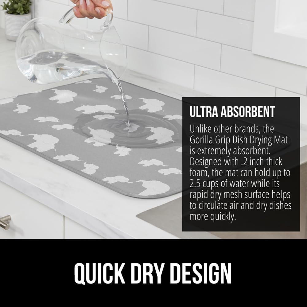 GORILLA GRIP Ultra Water Absorbent Microfiber Dish Drying Mat, 18x24, Quick Dry Mesh, Slip Resistant Pad for Sink Dishes or Under Rack, Kitchen Counter Accessories, Machine Wash, 2 Pack Elephants