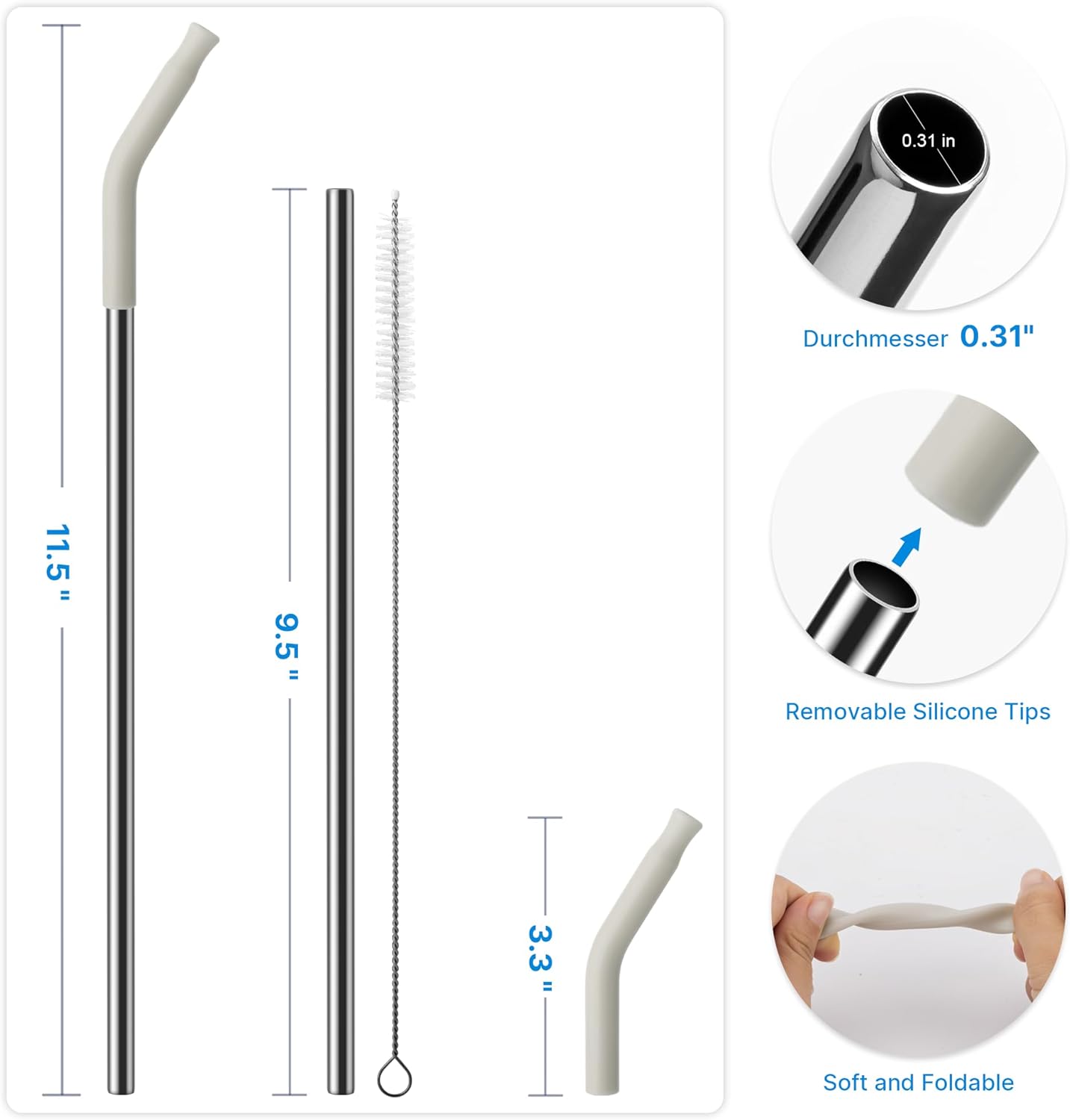 Metal Straw with Silicone Tip for 30oz Stanley Cup, 2 Pcs Stainless Steel Straws Replacement for Stanley 30 oz Adventure Quencher Travel Tumbler Cup, 1 Straw Brush (Cream Grey)