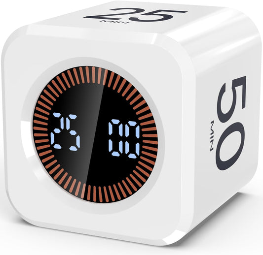 Pomodoro Timer Cube Visual Productivity Flip Timer for Kids Classroom Desk, 5/10/25/50min& Custom Countdown, Silent&Sound Mode Digital Cube for ADHD Study Work School Game Kitchen (White)