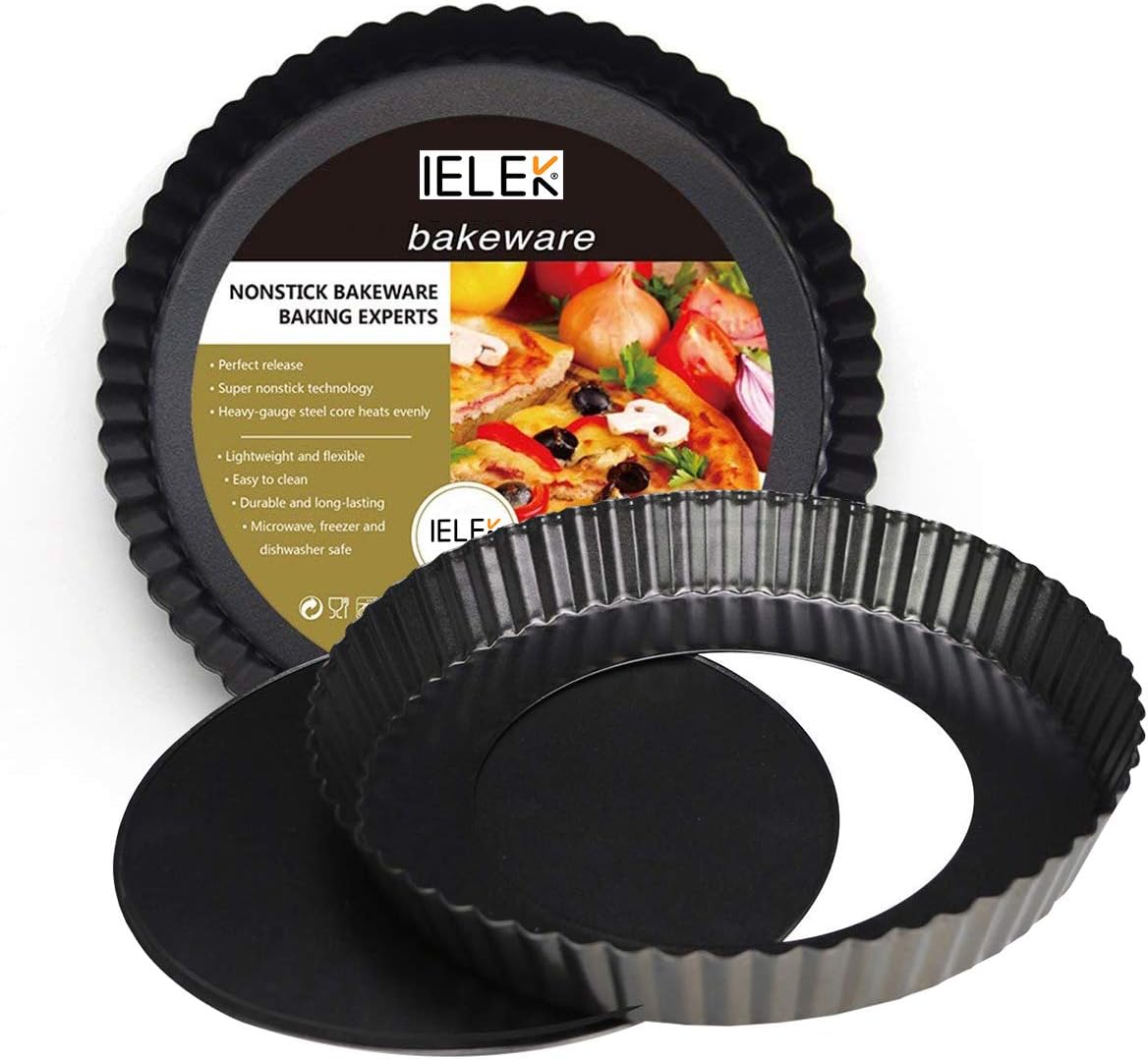 IELEK 12 Inch Non-Stick Tart Quiche Flan Pan Molds Round Removable Loose Bottom Fluted Heavy Duty Pie Pizza Pan