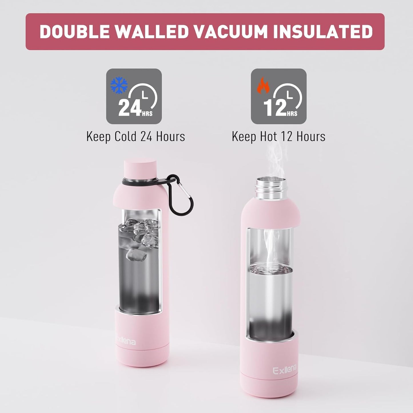Slim Insulated Water Bottles for Travel 32oz with Clip, Double Wall Vacuum Stainless Steel Water Bottle Keeps Drinks Cold 24 Hrs/Hot 12 Hrs, 100% Leakproof, BPA Free(Pink)