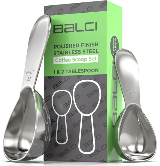 BALCI - Stainless Steel Coffee Scoop Set (1&2 Tablespoon, 15ml and 30ml) Exact Measuring Spoons for Coffee, Tea, Sugar, Flour and More!