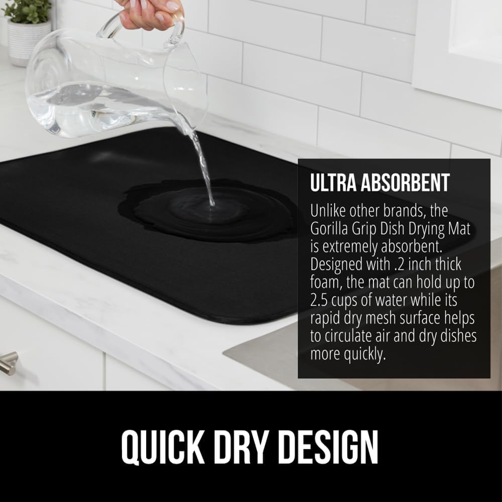 GORILLA GRIP Ultra Water Absorbent Microfiber Dish Drying Mat, Quick Dry Thick Mesh, Slip Resistant Pad for Sink Dishes or Under Rack, Kitchen Counter Accessories, 16x18, Machine Wash Mats, Black