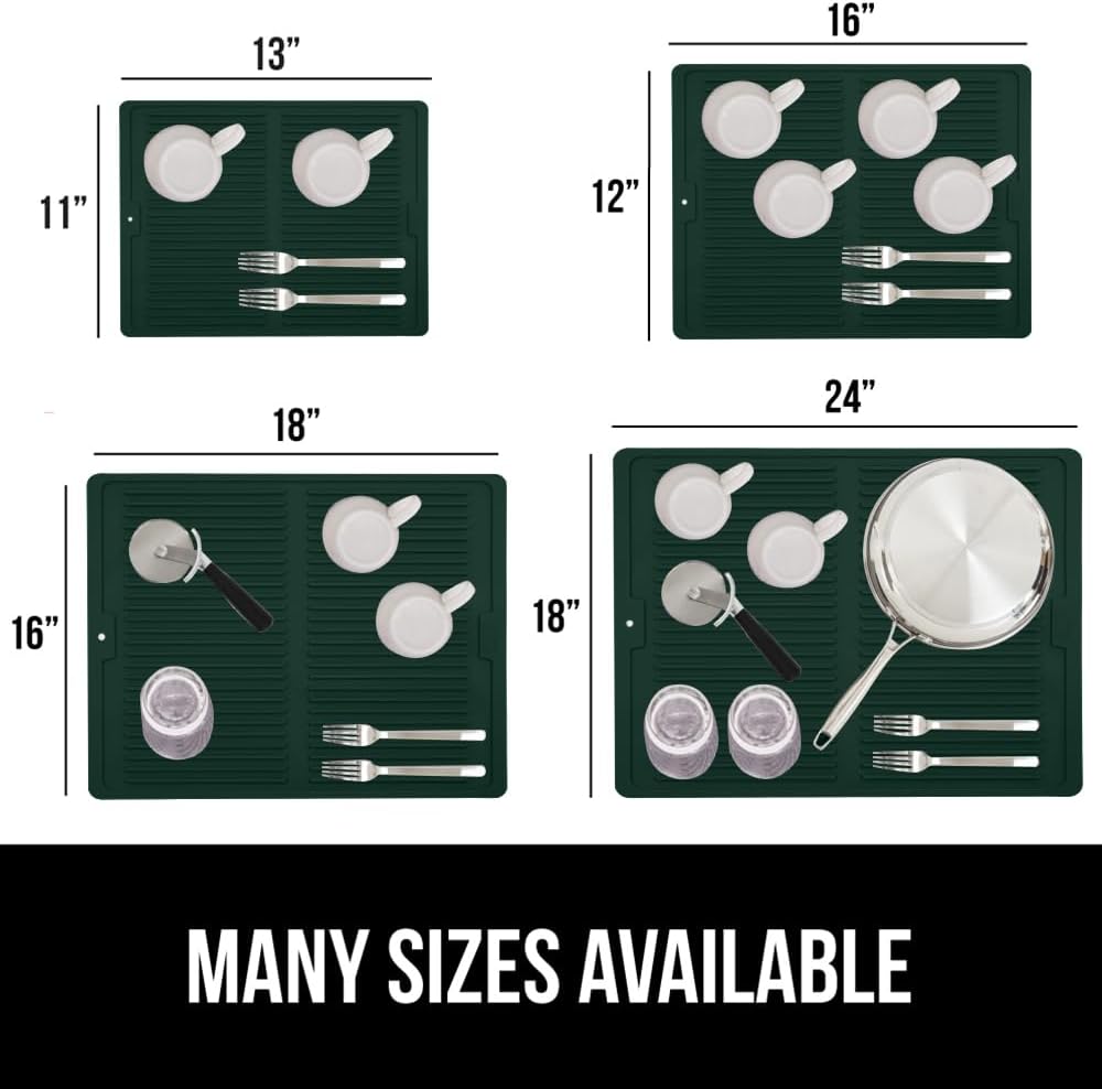 GORILLA GRIP 100% BPA-Free Silicone Dish Drying Mat for Kitchen Counter, 18x16, Quick Dry, Water Catching Ribbed Design, Easy Clean Waterproof Sink Liner, Heat Resistant, Fits Under Rack, Hunter Green