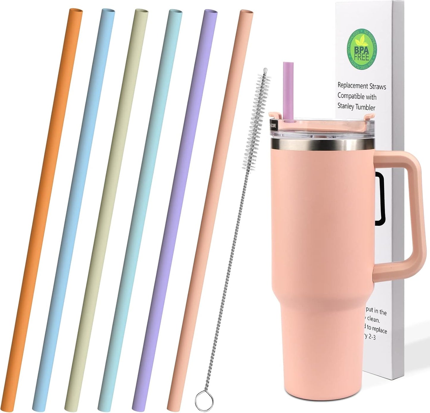 AIERSA 6 Pack Pastel Colors Straw for 40oz Stanley Cup with Handle,Reusable Silicone Straws Compatible Stanley 20 30 40oz Tumbler,Long Straw with Cleaning Brush for Stanley Cup Accessories