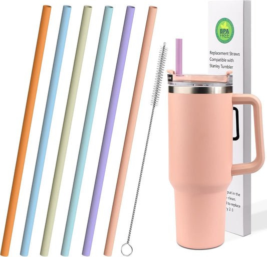 AIERSA 6 Pack Pastel Colors Straw for 40oz Stanley Cup with Handle,Reusable Silicone Straws Compatible Stanley 20 30 40oz Tumbler,Long Straw with Cleaning Brush for Stanley Cup Accessories
