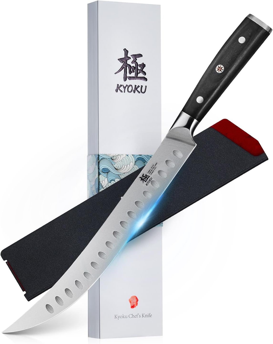 KYOKU 10" Scimitar Knife, Samurai Series Cimitar Breaking Knife with Pakkawood Handle, Japanese High Carbon Steel Butcher Knife, Full Tang Meat Slicing Knife for Roast Ham Poultry with Sheath and Case