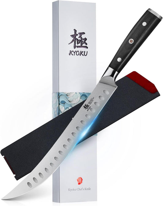 KYOKU 10" Scimitar Knife, Samurai Series Cimitar Breaking Knife with Pakkawood Handle, Japanese High Carbon Steel Butcher Knife, Full Tang Meat Slicing Knife for Roast Ham Poultry with Sheath and Case